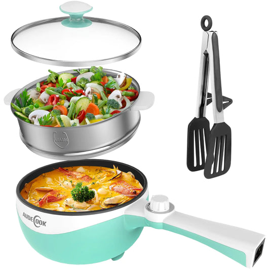 Audecook Hot Pot Electric 1.7L Mini Electric Skillet Portable Nonstick Sauté Pan with Power Adjustment Rapid Noodles Cooker Travel Multicooker for Steak/Soup/Egg/Oatmeal/Noodles